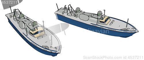 Image of 3D illustration of two blue army ships vector illustration on wh