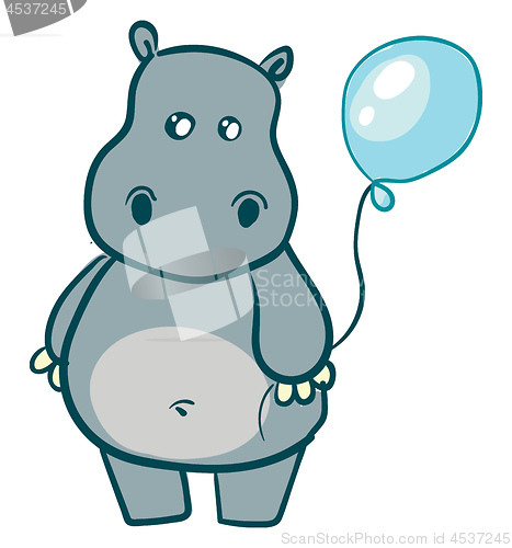 Image of Cute grey hippo with blue balloon vector illustration on white b