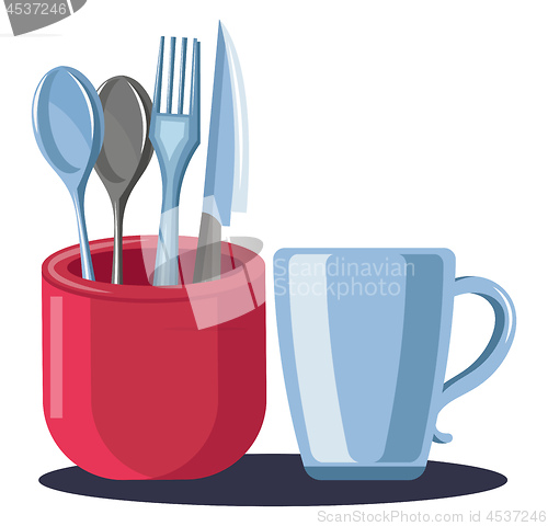 Image of Cutlery stand and cup vector color illustration.