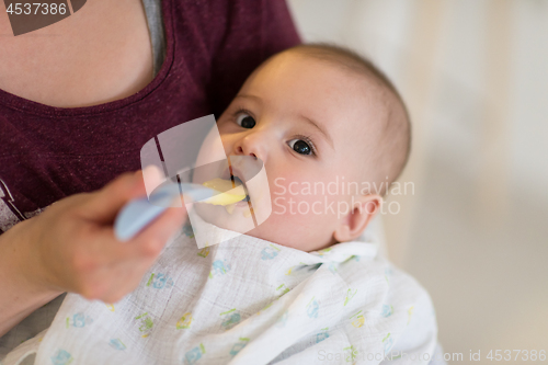Image of mother with spoon feeding little baby