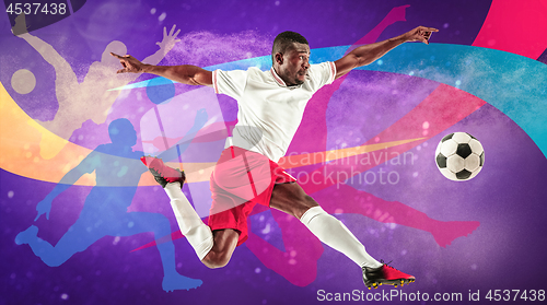 Image of Male football player in action, creative colorful collage