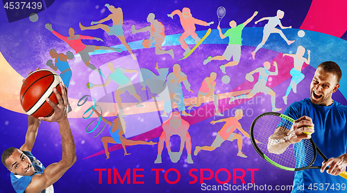 Image of Creative collage of drawned silhouettes of sportsmen