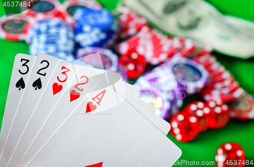 Image of Card for poker in the hand, chips and card for poker