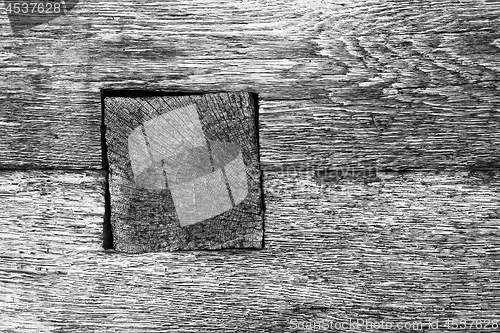 Image of detail of wooden beam joint on old log house