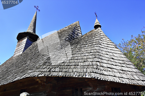 Image of closeup of old wooden church roof