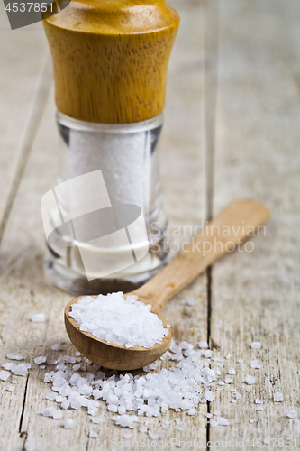 Image of Salt cellar an wooden spoons with sea salt closeup on wooden rus