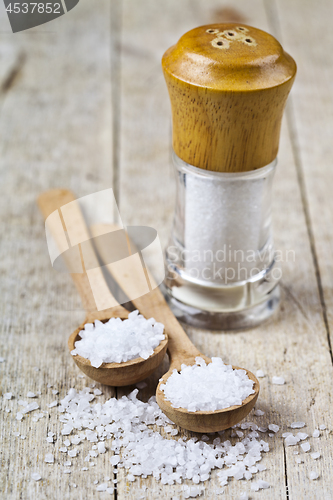 Image of Wooden spoon with sea salt and cellar closeup on wooden rustic t