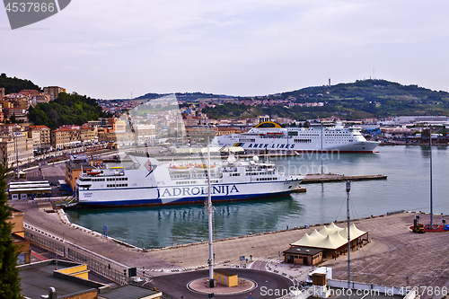 Image of Ancona, Italy - June 8, 2019: The harbor of Ancona with cruise l