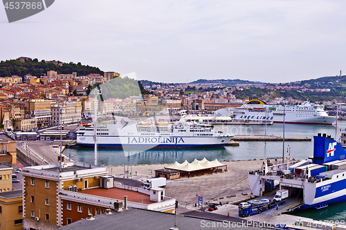 Image of Ancona, Italy - June 8, 2019: The harbor of Ancona with cruise l