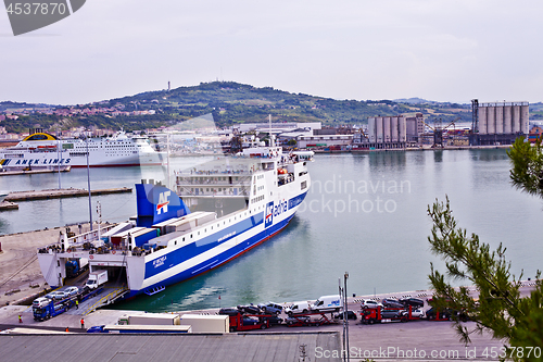 Image of Ancona, Italy - June 8, 2019: The harbor of Ancona with cruise l