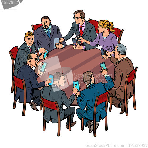 Image of businessmen meeting man and woman. smartphones gadgets technology