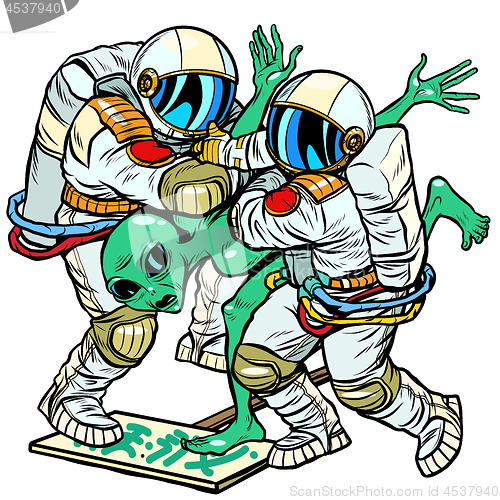 Image of Astronauts arrested an alien. green man at a protest rally