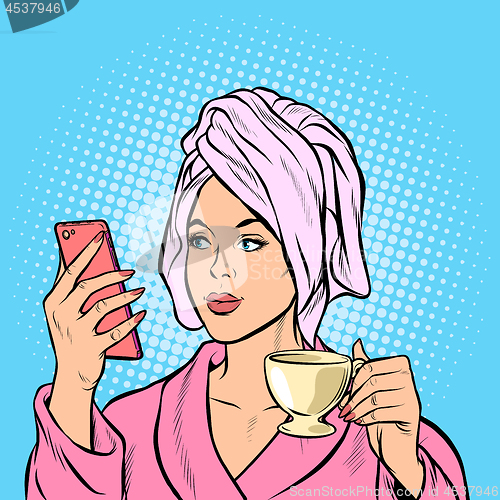 Image of woman morning bathroom coffee smartphone