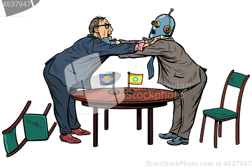 Image of policy diplomacy and negotiations. man versus robot. new technologies and progress concept