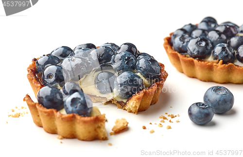 Image of blueberry tart on white background