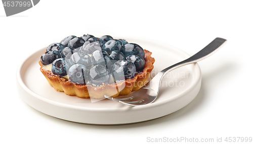 Image of blueberry tart on white plate