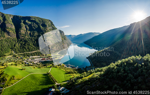 Image of Aurlandsfjord Town Of Flam at dawn.