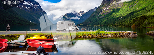 Image of Family vacation travel RV, holiday trip in motorhome