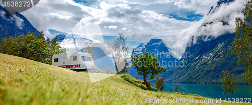 Image of Family vacation travel RV, holiday trip in motorhome