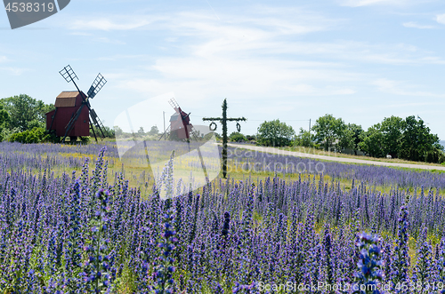 Image of Maypole in a blue field at the swedish island Oland