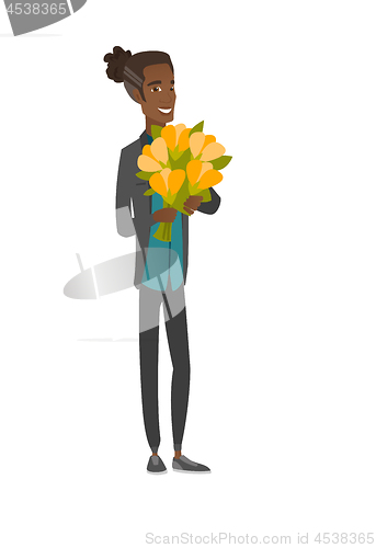 Image of Young african man holding bouquet of flowers.
