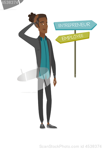 Image of Confused african man choosing career pathway.