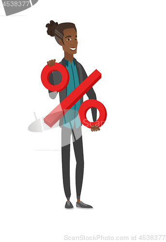 Image of Young african businessman holding percent sign.