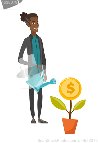 Image of Young african businessman watering money flower.