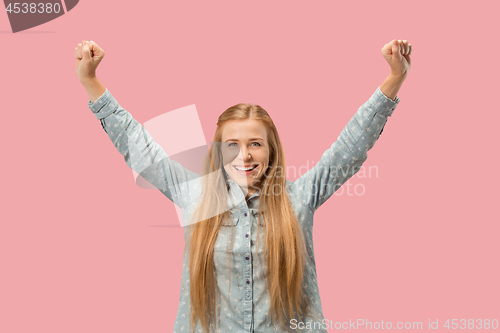 Image of Winning success woman happy ecstatic celebrating being a winner. Dynamic energetic image of female model