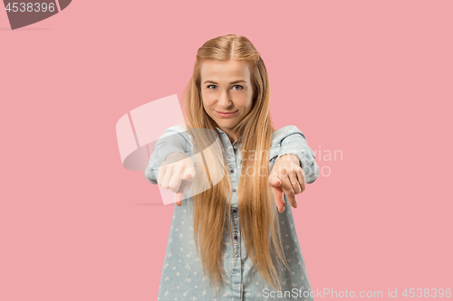 Image of The happy business woman point you and want you, half length closeup portrait