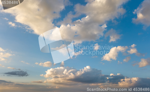 Image of Blue sky with white clouds in a sunny day. Aerial panoramic view from drone