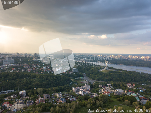Image of A bird\'s eye view, panoramic view from the drone to the Botanical Garden, the Motherland Monument , Dnieper River in the city of Kiev, Ukraine