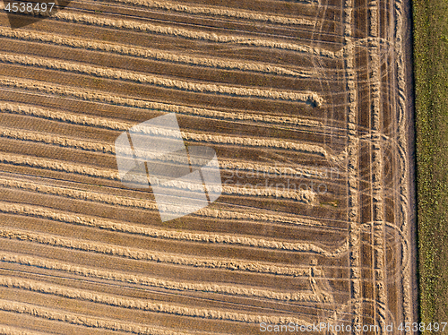 Image of Aerial view of the field after harvest. Rows of straw on an agricultural field. Ecological biofuel and fertilizer for work in the field.