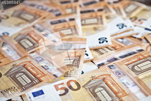 Image of Fifty euro banknotes background. 50€ currency notes.
