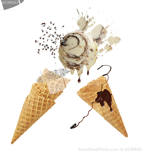 Image of ice cream with waffle cones isolated on white background.