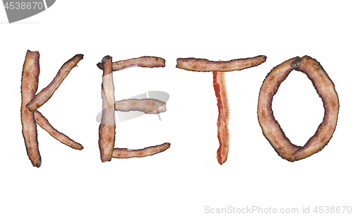 Image of Ketogenic or keto diet  letters from bacon on white background