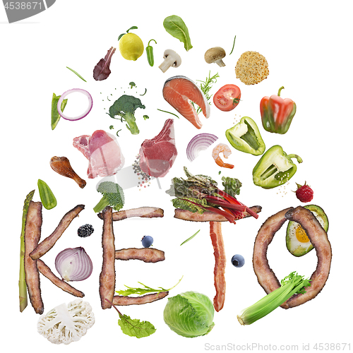 Image of Ketogenic or keto diet  letters from bacon and food ingredients 