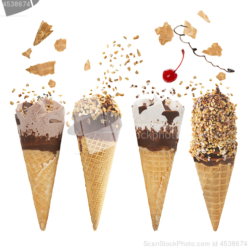 Image of Various of ice cream flavor in cones on white background