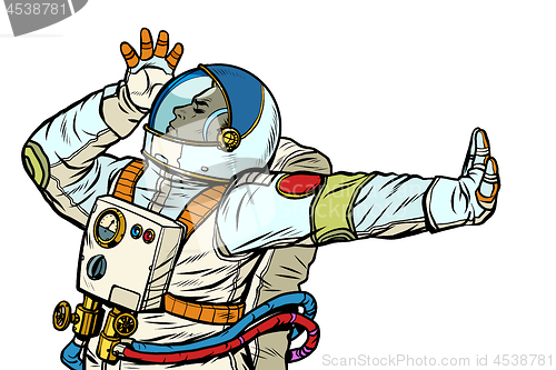 Image of Astronaut in a spacesuit. Gesture of denial, shame, no