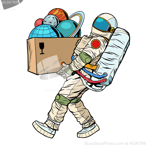 Image of space exploration concept. astronaut takes the planet in a box