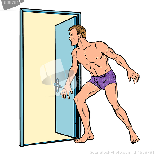 Image of lover in shorts at the door