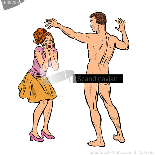 Image of dressed woman and naked man. surprise