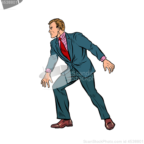 Image of cautious businessman sneaks, takes a step