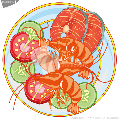 Image of Vector illustration of the plate with seafood of the prawn and fish