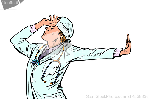 Image of Caucasian doctor man medicine. shame denial gesture no