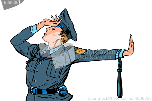 Image of Caucasian police officer shame denial gesture no