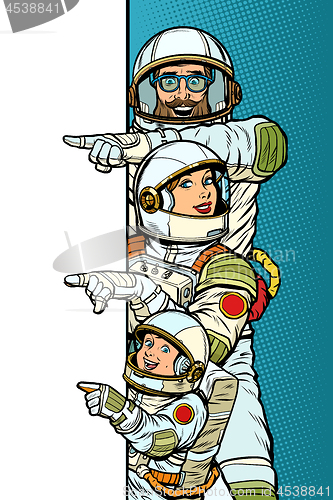 Image of Family astronauts mom dad and son. Point to copy space poster