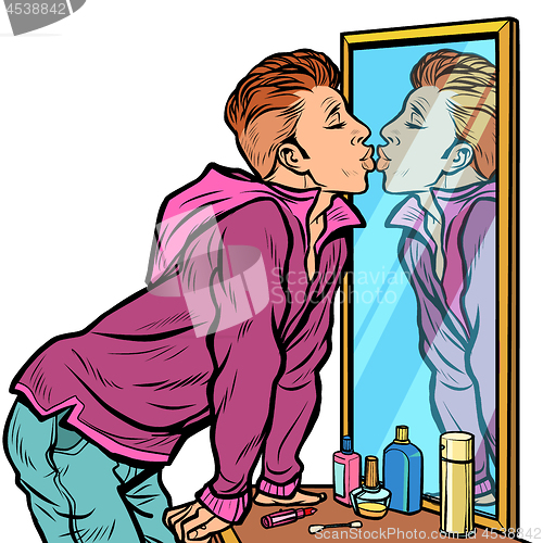 Image of a man kisses his own reflection, narcissism ego selfishness