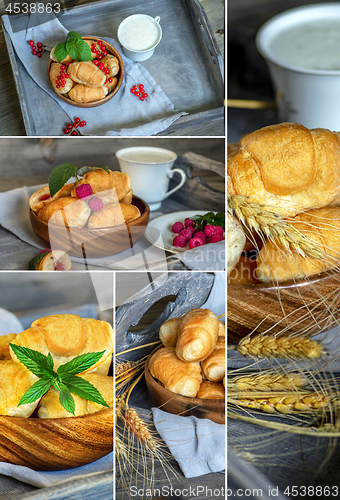 Image of Natural food. Photo collage. Croissants with raspberries on a wo