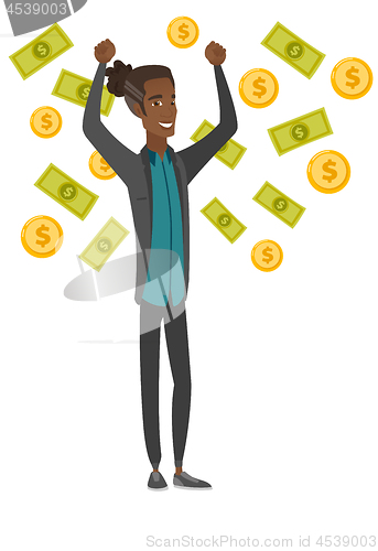 Image of Young african-american busiessman under money rain